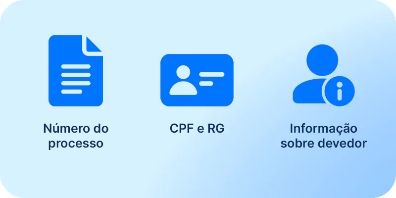 Ícones mostrando as informações necessárias para consultar um precatório: número do processo, CPF e RG e dados do devedor