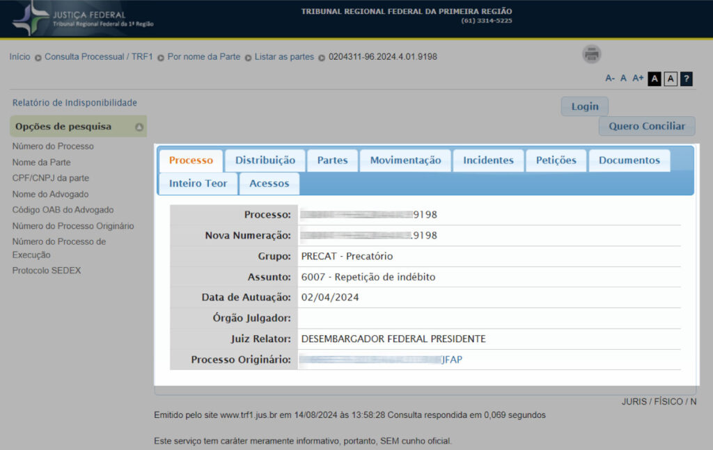 consultar precatório TRF1 pela internet