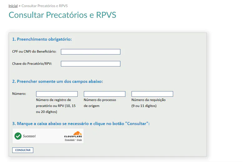 Captura de tela mostrando a página de inserção de dados para consulta do TRF4