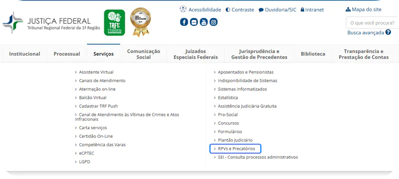 Captura de tela do site do TRF1 mostrando como consultar precatório pelo CPF