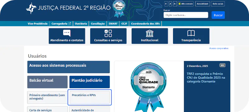 Captura de tela do site do TRF2 mostrando como consultar precatório pelo CPF