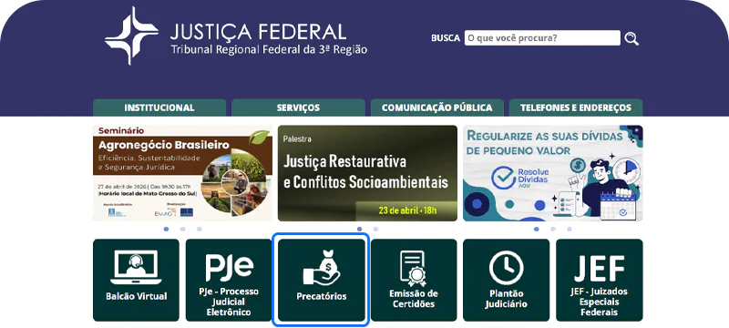 Captura de tela do site do TRF3 mostrando como consultar precatório pelo CPF