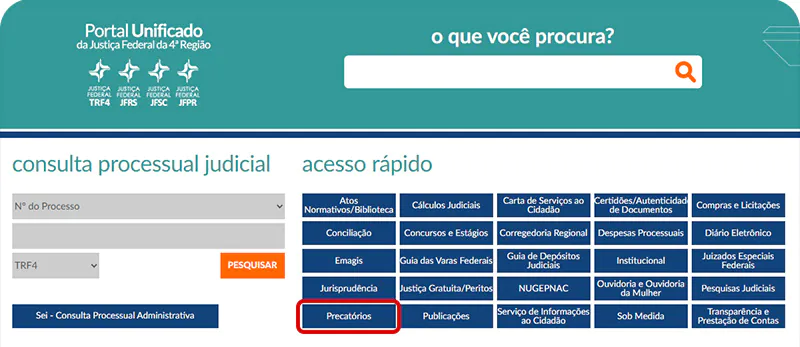 Captura de tela do site do TRF4 mostrando como consultar precatório pelo CPF