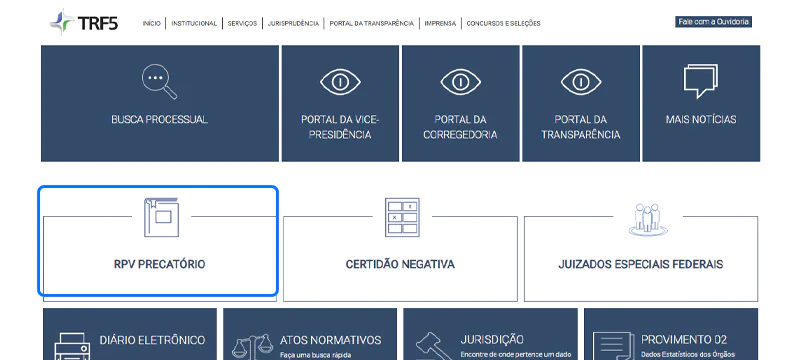 Captura de tela do site do TRF5 mostrando como consultar precatório pelo CPF