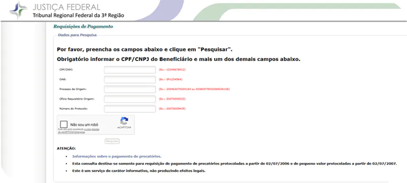 captura de tela mostrando o processo de consulta precatório TRF3
