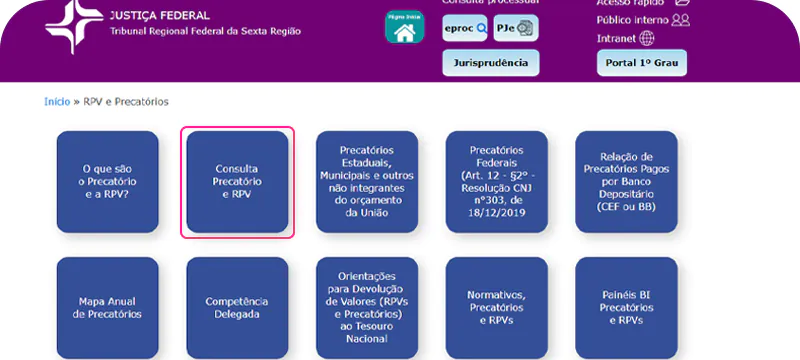 Captura de tela mostrando o processo de consulta precatório TRF6