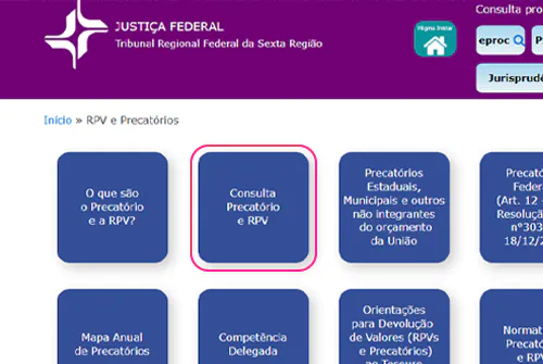 Captura de tela mostrando o processo de consulta precatório TRF6