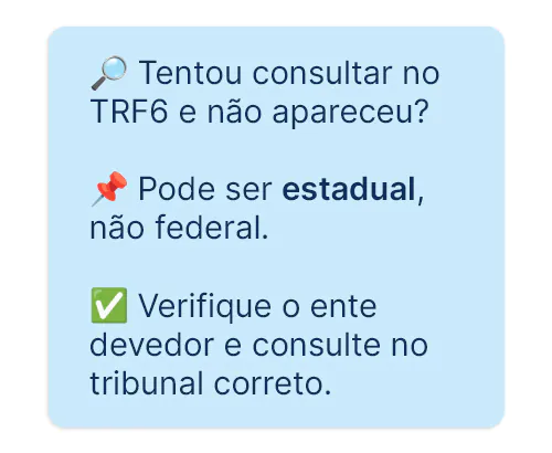 Card de alerta explicando que não encontrar resultado ao consultar precatório TRF6 pode indicar que o precatório é estadual ou municipal e deve ser consultado no TJMG