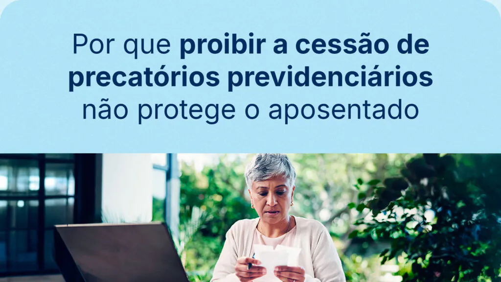 mulher idosa analisando documentos, ilustrando a cessão de precatórios previdenciários