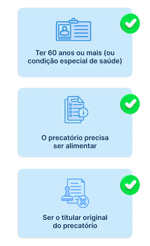 esquema mostrando os três requisitos simultaneamente necessários num precatório de idoso para ter direito à superpreferência