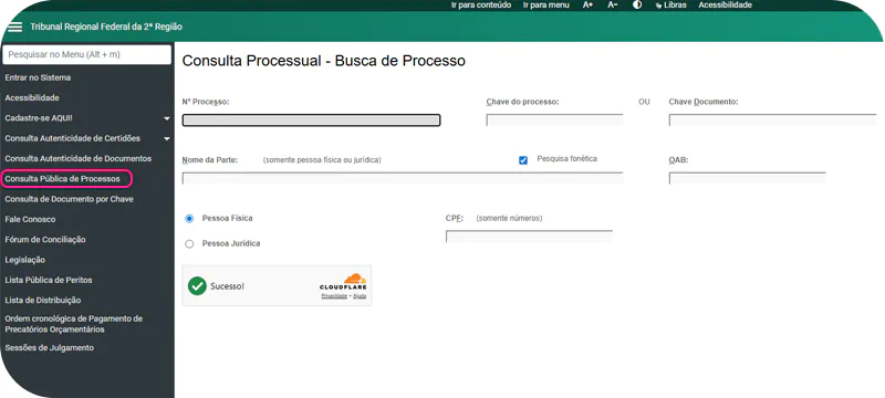 Captura de tela de consultar precatório TRF2 via e-Proc