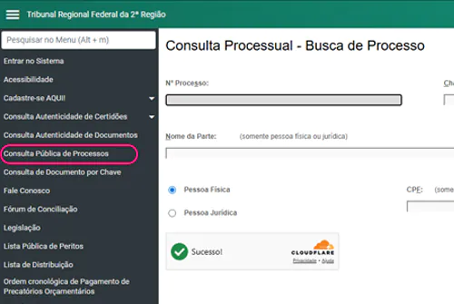 Captura de tela de consultar precatório TRF2 via e-Proc