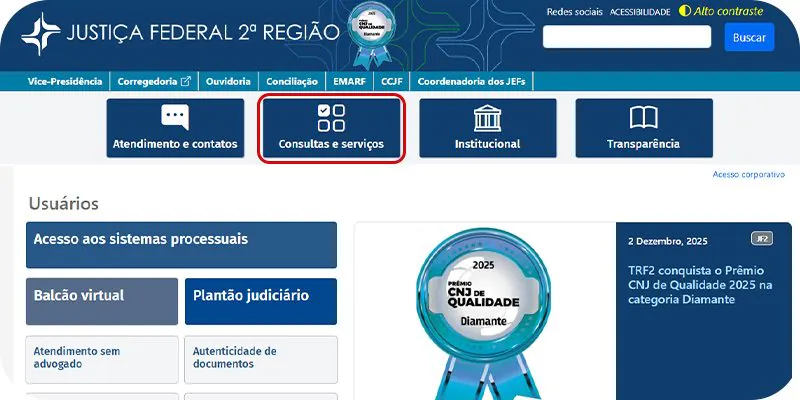 Captura de tela mostrando a página inicial de consulta do TRF2, mostrando como consultar precatório pelo CPF