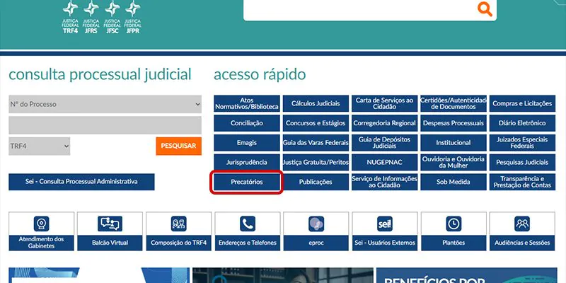 Captura de tela mostrando a página inicial de consulta do TRF4, mostrando como consultar precatório pelo CPF