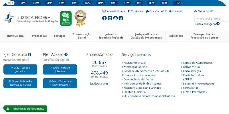 Captura de tela mostrando a página inicial de consulta do TRF1, mostrando como consultar precatório pelo CPF