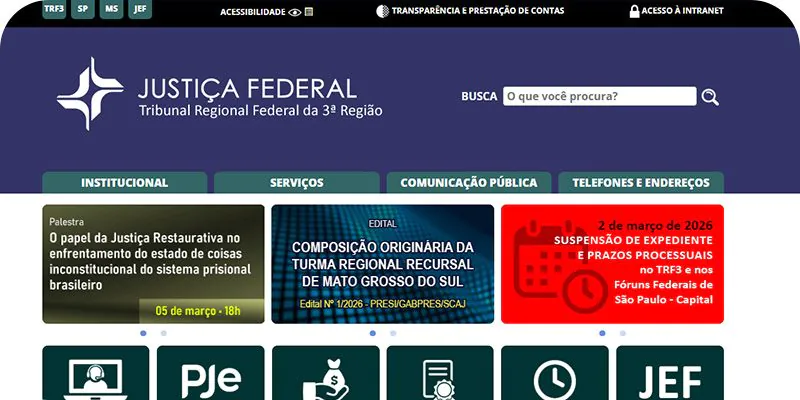 Captura de tela mostrando a página inicial de consulta do TRF3, mostrando como consultar precatório pelo CPF